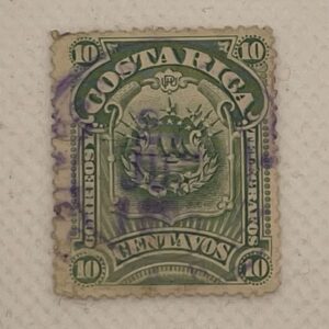Costa Rica 10 Centavos Stamp – Coat of Arms – Correos y Telégrafos – Green – Purple Cancel – Used