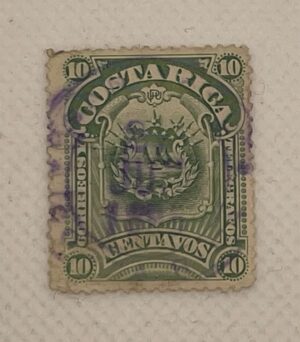 Costa Rica 10 Centavos Stamp – Coat of Arms – Correos y Telégrafos – Green – Purple Cancel – Used