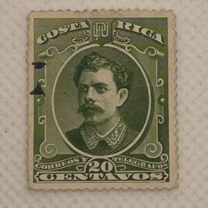 Costa Rica 20 Centavos Stamp – Correos y Telégrafos – President Portrait – Olive Green – Used