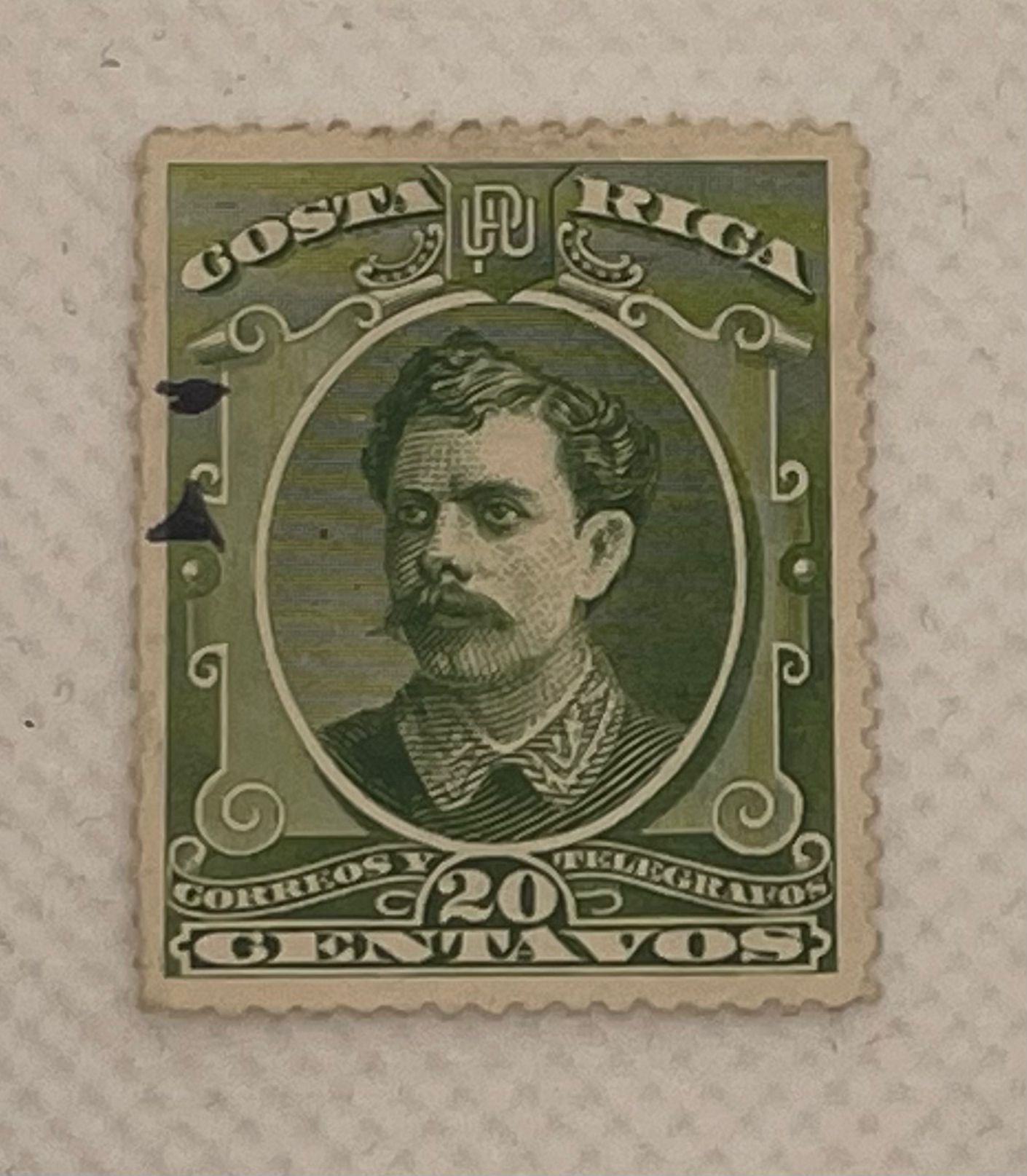Costa Rica 20 Centavos Stamp – Correos y Telégrafos – President Portrait – Olive Green – Used