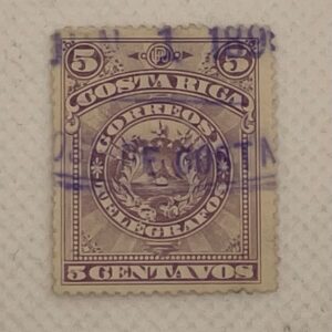 Costa Rica 5 Centavos Stamp – Coat of Arms – Correos y Telégrafos – Purple Cancel – Used