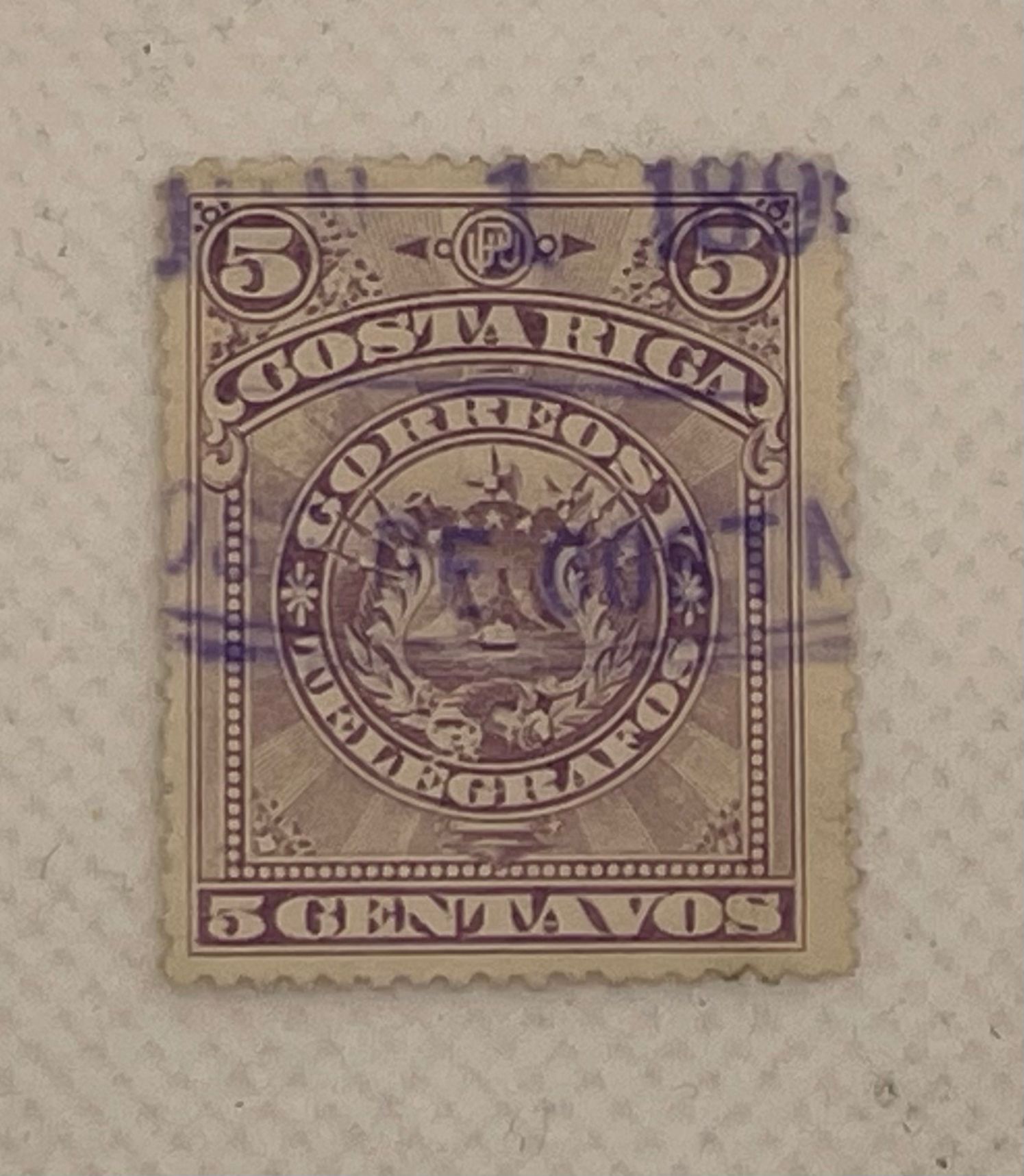 Costa Rica 5 Centavos Stamp – Coat of Arms – Correos y Telégrafos – Purple Cancel – Used