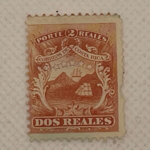 Costa Rica 2 Reales Stamp – Dos Reales – Correos de Costa Rica – Coat of Arms Ship – Orange – Mint
