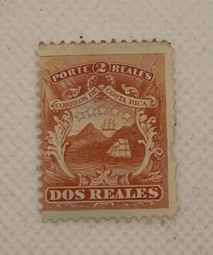 Costa Rica 2 Reales Stamp – Dos Reales – Correos de Costa Rica – Coat of Arms Ship – Orange – Mint