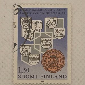 Finland (Suomi) 1,50mk Stamp – 350 Years of County Administration – Coats of Arms – 1985 – Used