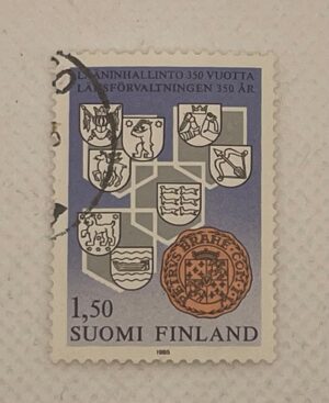 Finland (Suomi) 1,50mk Stamp – 350 Years of County Administration – Coats of Arms – 1985 – Used