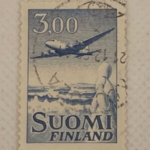 Finland (Suomi) 3,00mk Airmail Stamp – Douglas DC-3 over Lake Landscape – Used
