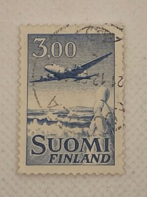 Finland (Suomi) 3,00mk Airmail Stamp – Douglas DC-3 over Lake Landscape – Used