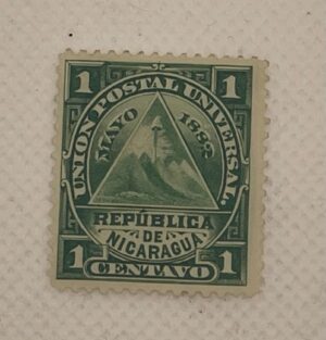 Nicaragua 1 Centavo Stamp – UPU Mayo 1882 – Coat of Arms Volcano Design – Green – Mint