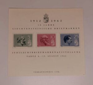 Liechtenstein 1962 souvenir sheet 50 years stamps Johannes Franz Josef II MNH