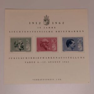 Liechtenstein 1962 souvenir sheet 50 years stamps Johannes Franz Josef II MNH