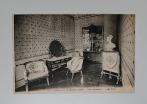Chateau de la Malmaison – L Antichambre (Antechamber), No.172, ND Phot., c.1900 – dressing table with oval mirror, Empire armchairs, marble bust