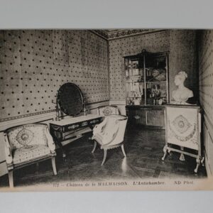 Chateau de la Malmaison – L Antichambre (Antechamber), No.172, ND Phot., c.1900 – dressing table with oval mirror, Empire armchairs, marble bust